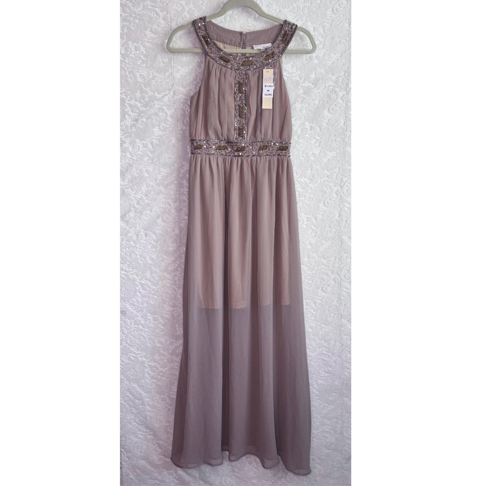 NWT Beaded Nude Taupe Sleeveless Maxi Dress full length prom/evening dress S
